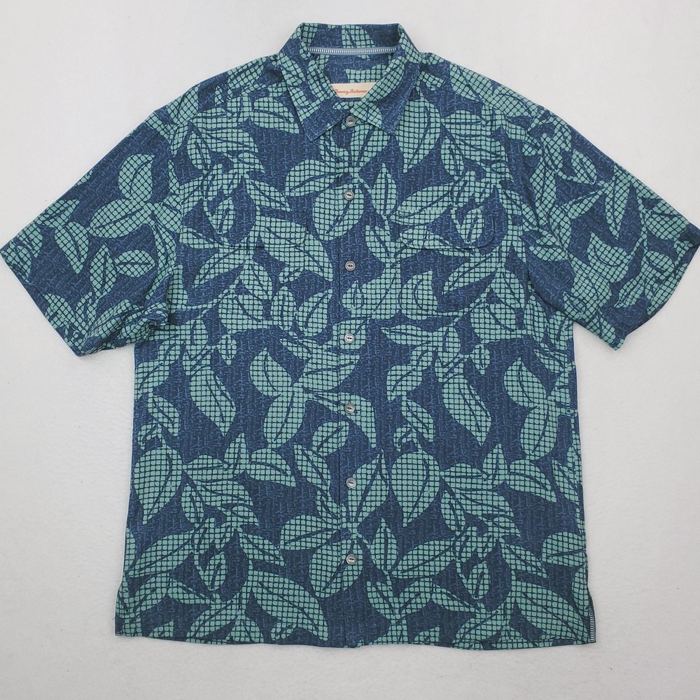 Tommy Bahama Shirt Mens Large Blue Green Silk Short Sleeve Hawaiian Floral